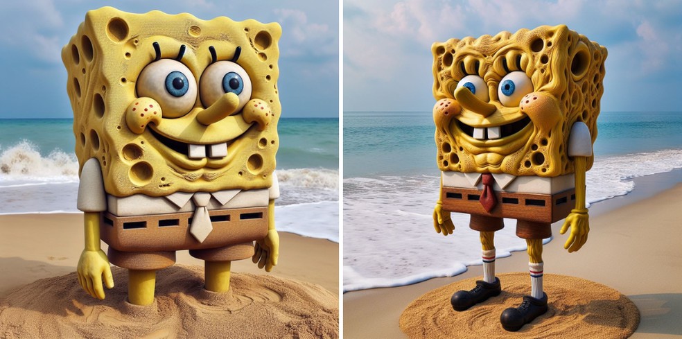 O Bob Esponja foi transportado para uma praia mais realista, mas continuou parecendo animação — Foto: Reprodução/Copilot