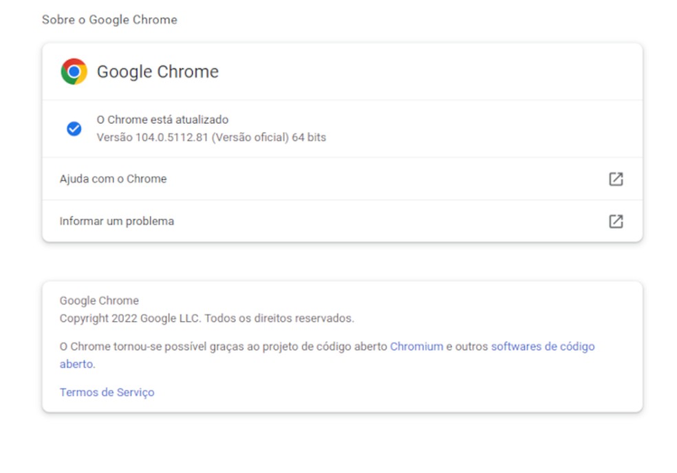 Página "Sobre o Google Chrome" verifica qual a última versão disponível do browser — Foto: Reprodução/Gabriel Pereira