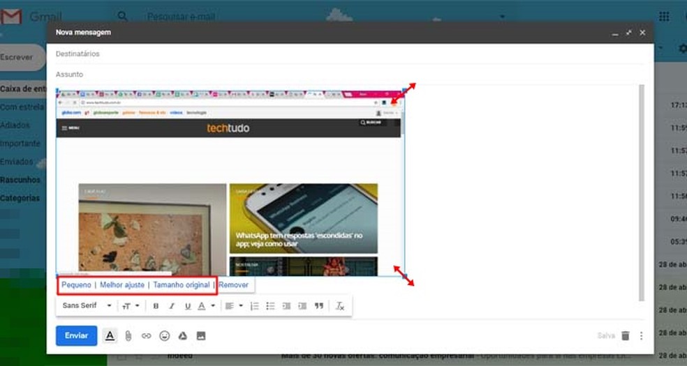 O tamanho da imagem capturada também pode ser editado no Gmail — Foto: Reprodução/ Taysa Coelho