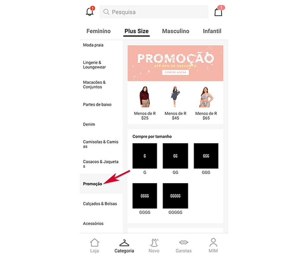 Shein: loja possui seção com roupas em promoção — Foto: Reprodução/Marcela Franco