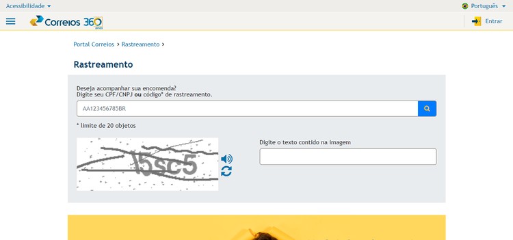 Página de rastreamento dos Correios