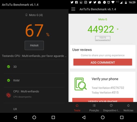 AnTuTu realiza testes de benchmark em um Moto G 4 Plus