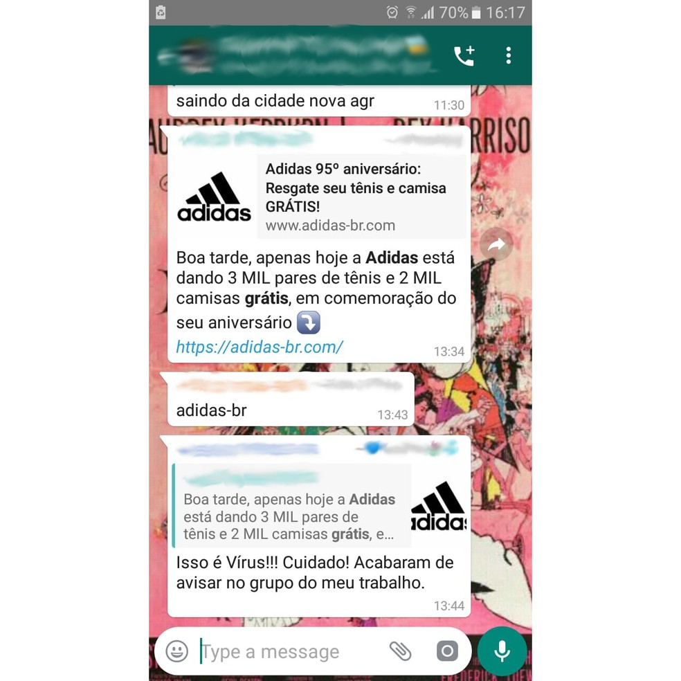 Mensagem falsa da Adidas promete 3 mil calçados e 2 mil camisas grátis — Foto: Reprodução/TechTudo