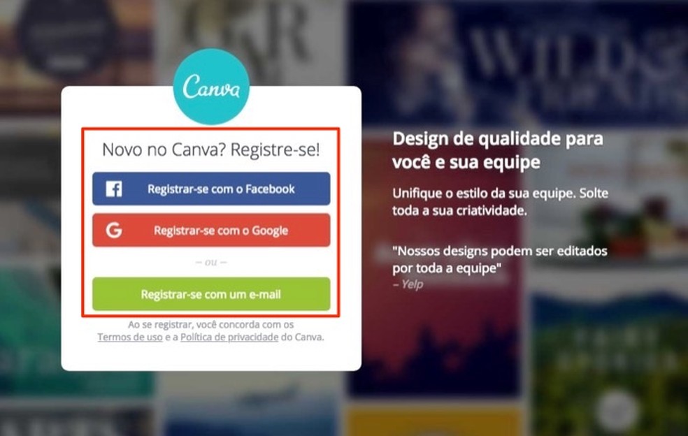 Ação para realizar login no serviço online Canva — Foto: Reprodução/Marvin Costa