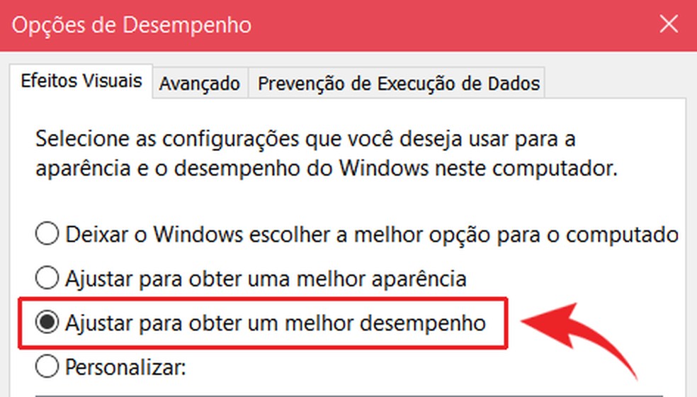 É possível ajustar a aparência do Windows para otimizar o desempenho — Foto: Reprodução/Ana Letícia Loubak