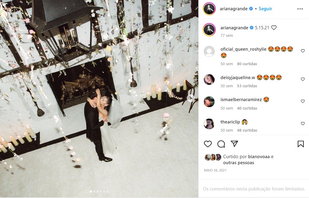 O sexto lugar pertence à cantora Ariana Grande, com uma galeria de fotos de seu casamento com Dalton Gomez. — Foto: Reprodução/Instagram