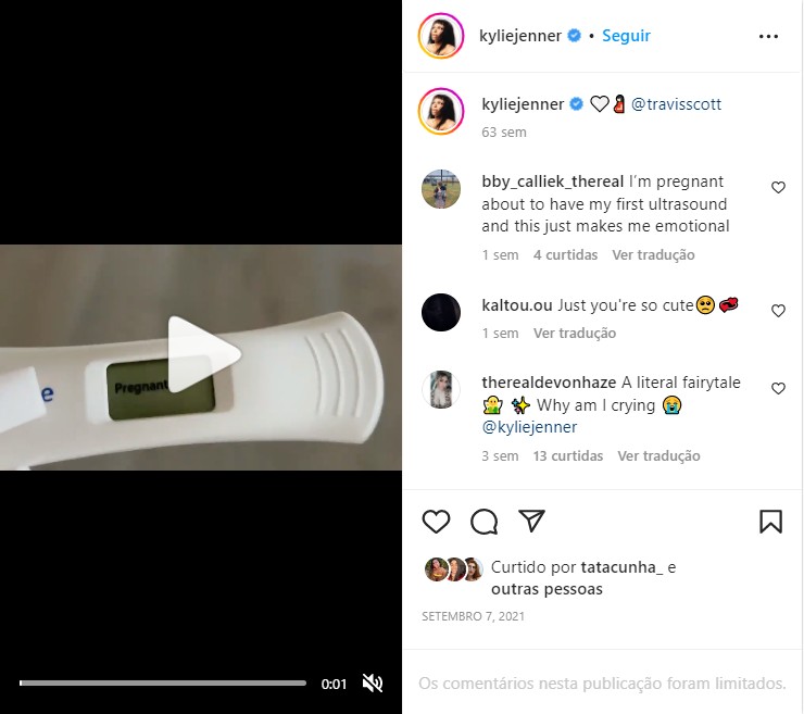 A oitava posição da lista pertence à Kylie Jenner, em um post anunciando sua primeira gravidez com o rapperTravis Scott — Foto: Reprodução/Instagram