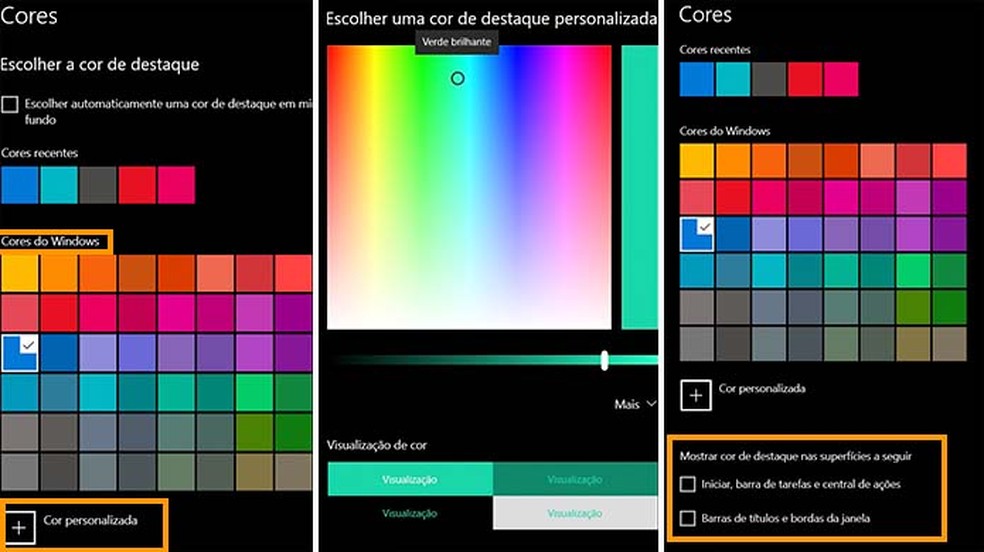 Passo a passo para definir as cores de destaque das superfícies do Windows — Foto: Print: Aricia Faria/TechTudo