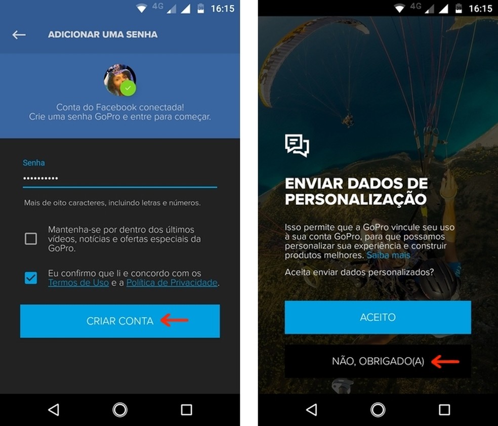 Criação de senha e aceitação dos termos de serviço e privacidade do GoPro App — Foto: Reprodução/Raquel Freire