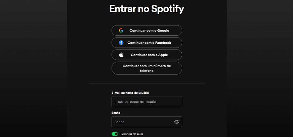 Tela de login do Spotify — Foto: Reprodução/Spotify