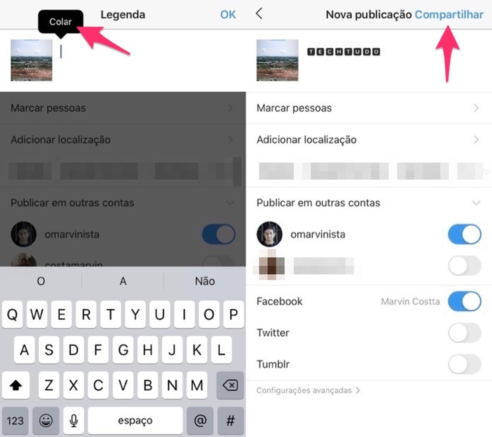 Ação para adicionar uma legenda com fonte personalizada em um post do Instagram — Foto: Reprodução/Marvin Costa