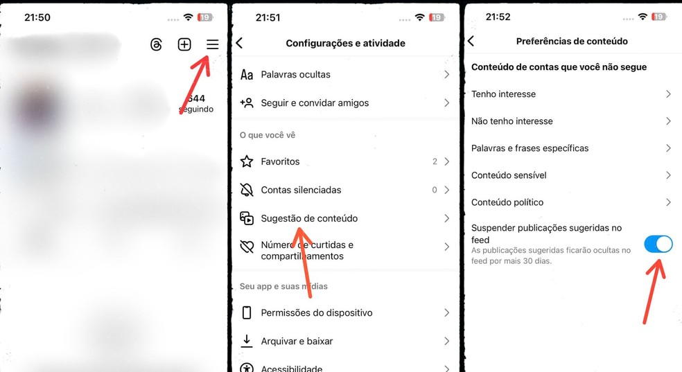 Ativação do recurso de suspender publicações sugeridas no Instagram — Foto: Reprodução/Gisele Souza