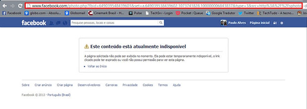 O link do Facebook não mostra mais a imagem depois de apagada (Foto: Reprodução / Paulo Alves) — Foto: TechTudo