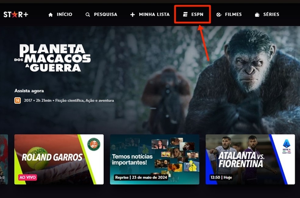 Dentro do Star+, vá ao banner da cerimônia de hoje ou entre no menu da ESPN para visualizar a programação online e em tempo real — Foto: Reprodução/Gabriela Andrade