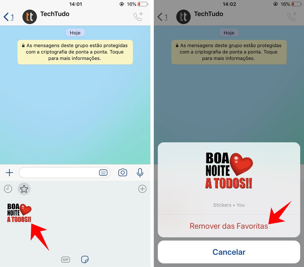 Remova um sticker da coleção de favoritos do WhatsApp — Foto: Reprodução/Rodrigo Fernandes