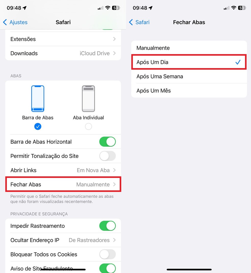 Ativando função para fechar abas do Safari de maneira automática  — Foto: Reprodução/Clara Fabro