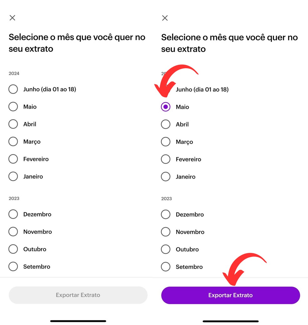 Selecione o período desejado para emitir o extrato e clique em "Exportar Extrato" — Foto: Reprodução/Clara Fabro