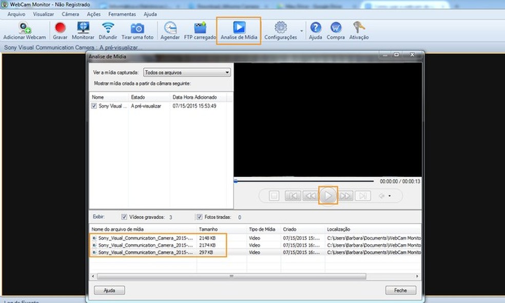 Acesse no programa os vídeos gravados com a webcam como câmera de segurança — Foto: Reprodução/Barbara Mannara