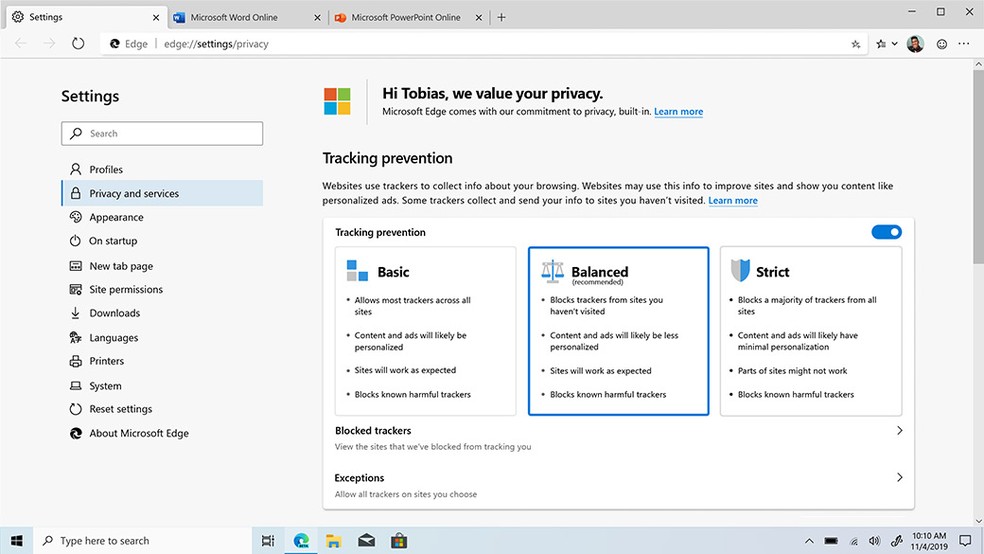 Novo Microsoft Edge tem sistema de proteção da privacidade em três níveis — Foto: Divulgação/Microsoft