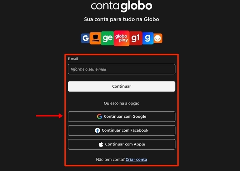 Torcedor pode fazer login informando seus dados cadastrados na Conta Globo ou reutilizando informações de outras contas pessoais — Foto: Reprodução/Gabriela Andrade