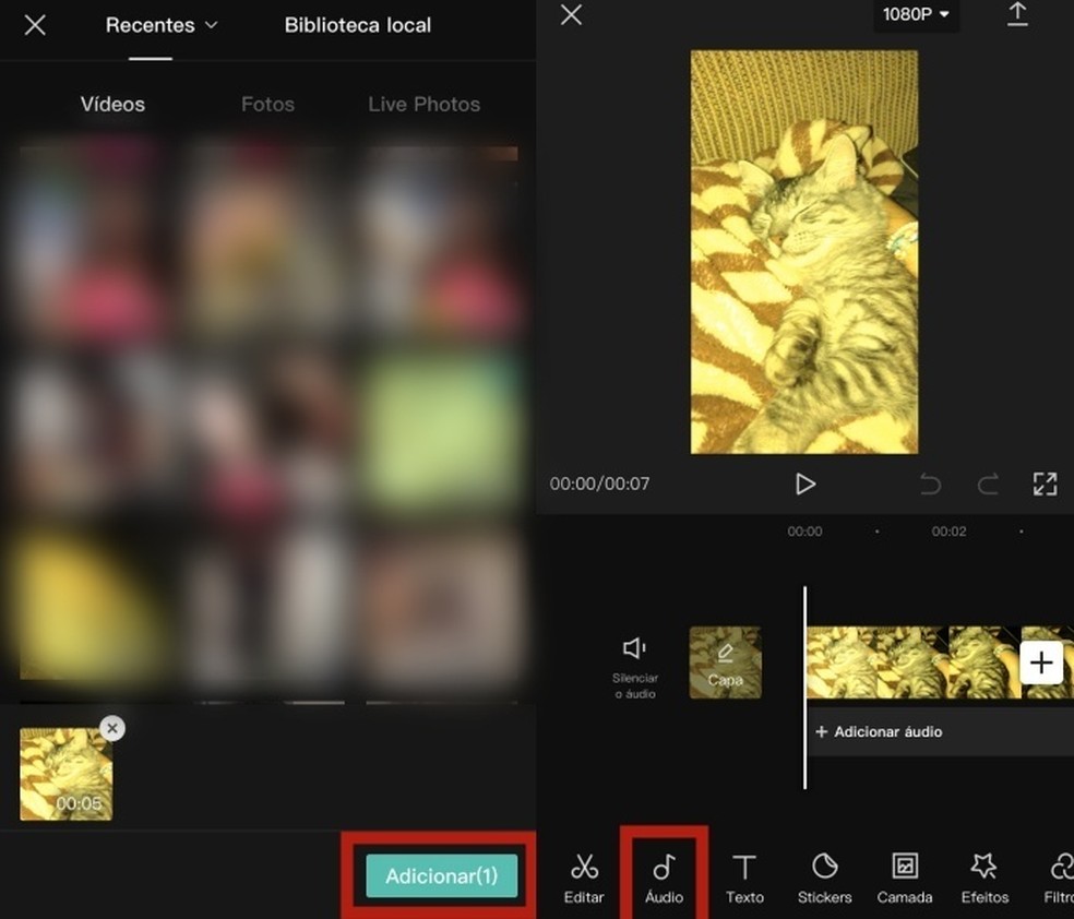 Colocando música em um vídeo utilizando o app CapCut — Foto: Reprodução/Beatriz Maxima