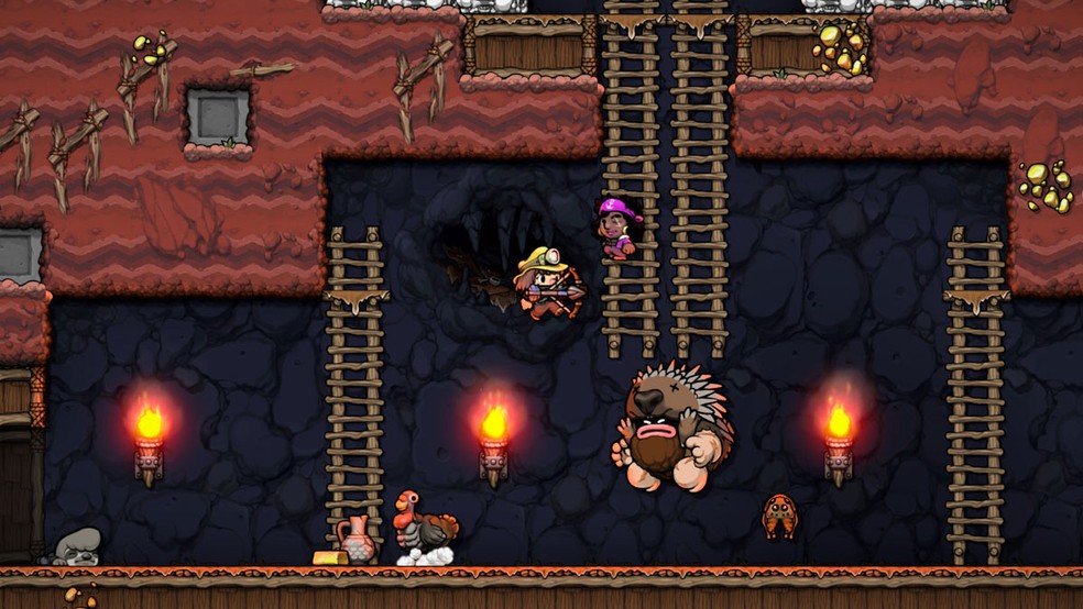 Spelunky 2 pode ser jogado em multiplayer cooperativo, mas é importante tomar cuidado com o "Fogo Amigo" — Foto: Reprodução/Steam