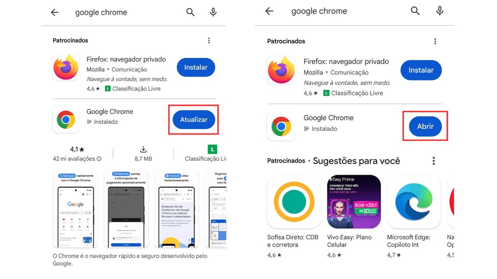 Atualizando o Google Chrome no celular (Android) — Foto: Reprodução/Bruno Guerra