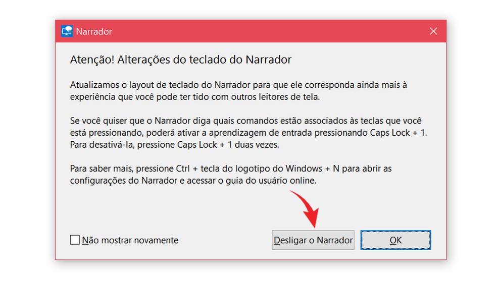 Narrador do Windows 10 incomoda usuários quando ativado por engano — Foto: Reprodução/Ana Letícia Loubak