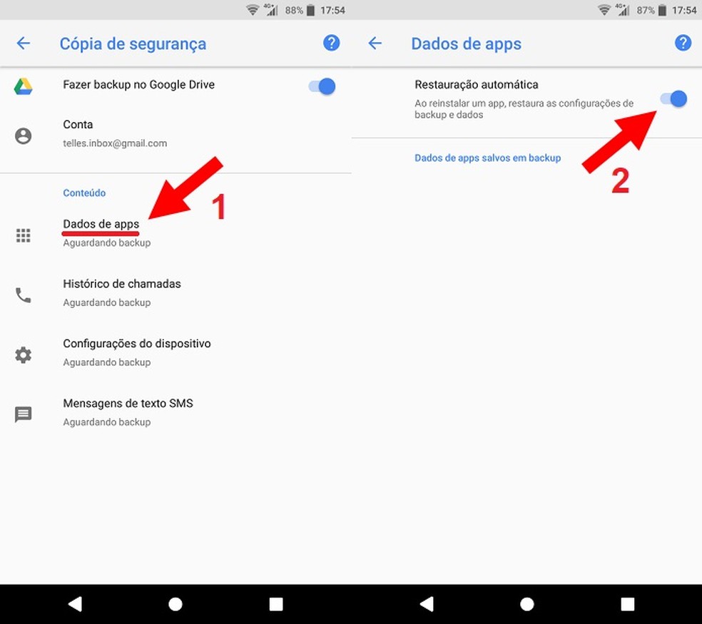 Habilite a opção 'Restauração Automática' para os dados de aplicativos — Foto: Fernando Telles/Techtudo