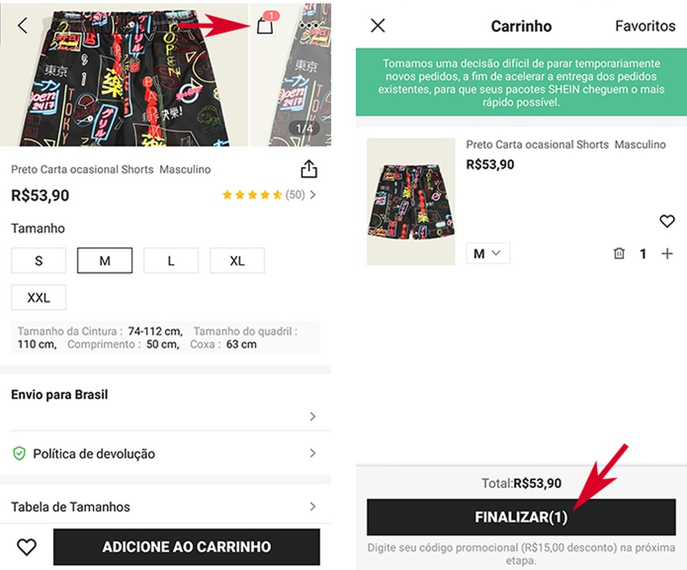 Shein Brasil: vá até o seu carrinho e toque em "Finalizar" — Foto: Reprodução/Marcela Franco