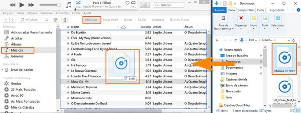 O usuário também pode arrastar a música diretamente para a biblioteca do iTunes (Foto: Reprodução/Barbara Mannara) — Foto: TechTudo