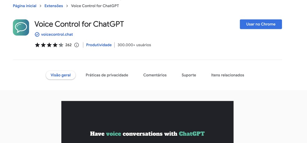 Página da extensão Voice Control for ChatGPT na Chrome Web Store — Foto: Reprodução/Gabrielle Garcia