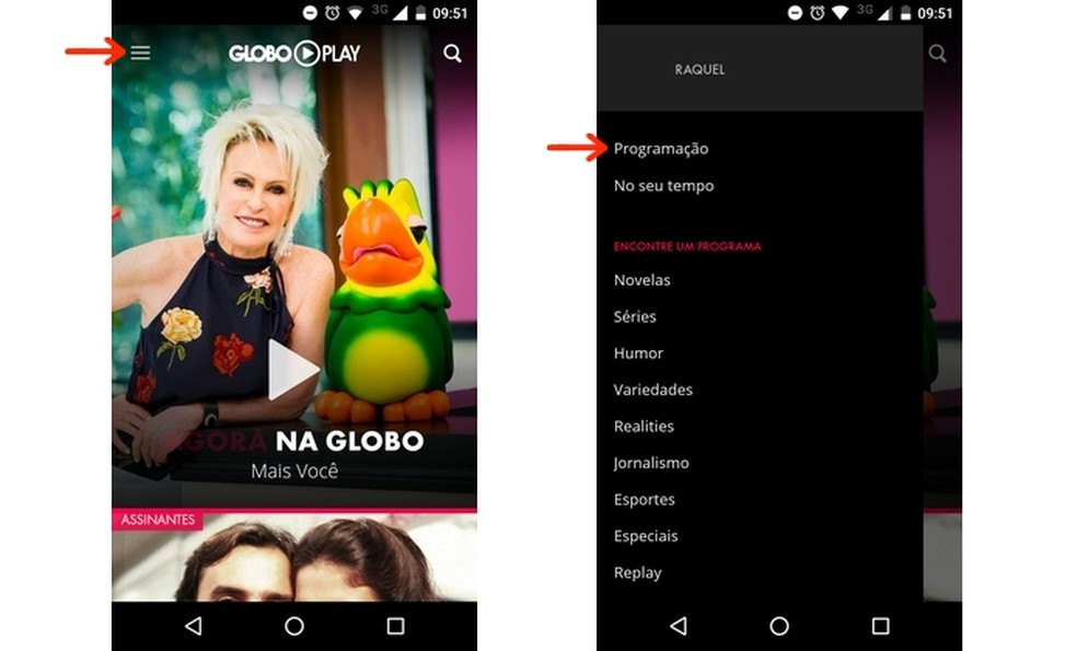 Caminho para menu de programação do app do Globo Play  — Foto: Reprodução/Raquel Freire