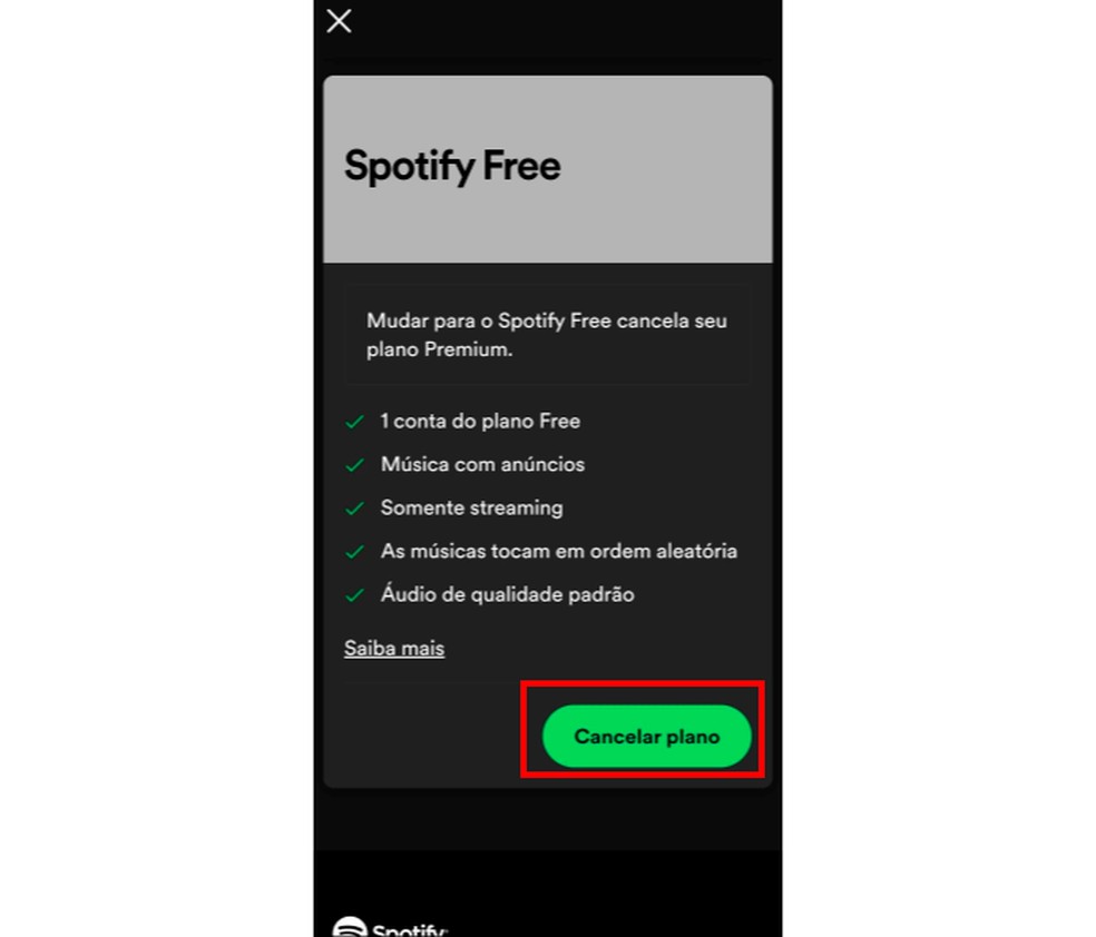 Clique em "Cancelar plano" para seguir com o encerramento da assinatura do Spotify — Foto: Reprodução/Carolina Torres