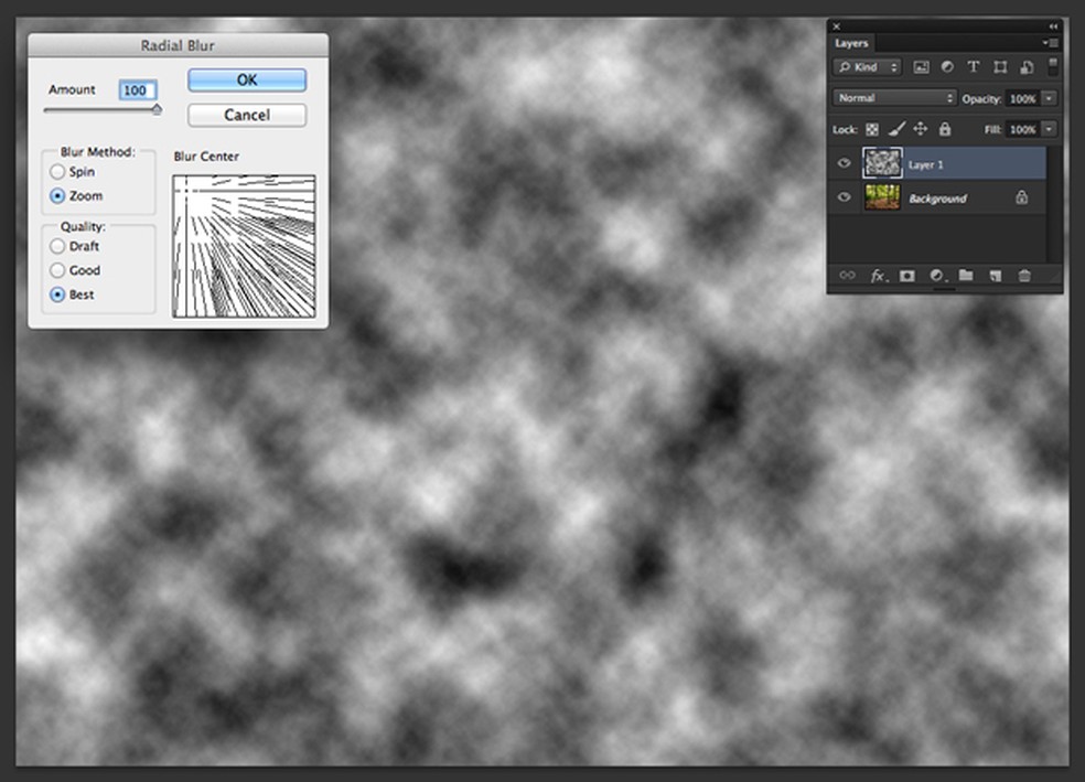 Box para aplicação do filtro 'Desfoque Radial' aberto no Photoshop (Foto: Reprodução/André Sugai) — Foto: TechTudo