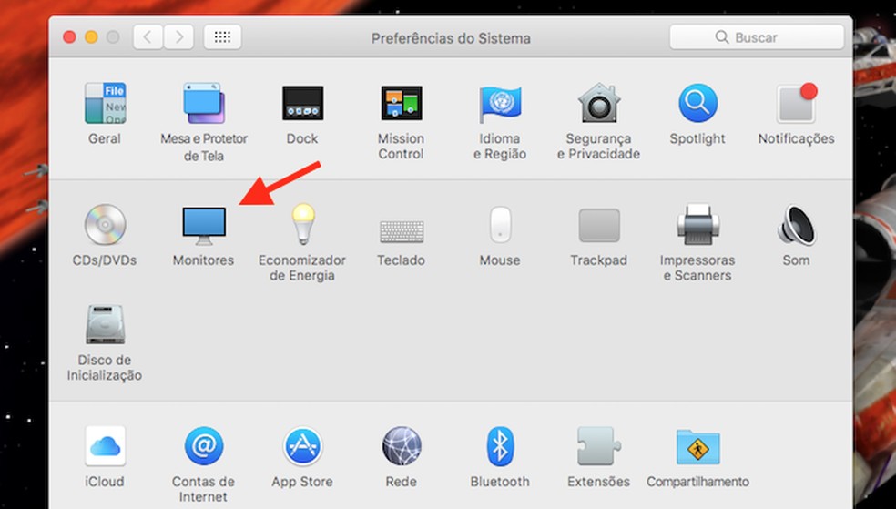 Caminho para acessar as configurações para monitores no Mac OS (Foto: Reprodução/Marvin Costa) — Foto: TechTudo