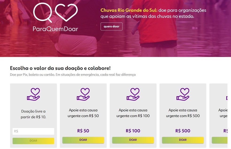 Site Para Quem Doar é uma forma de apoiar as vítimas das enchentes no RS — Foto: Reprodução/Thaisi Carvalho