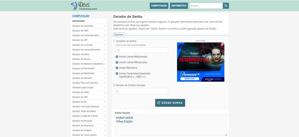 4Devs oferece um gerador de senhas seguras de fácil uso — Foto: Reprodução/Caroline Silvestre