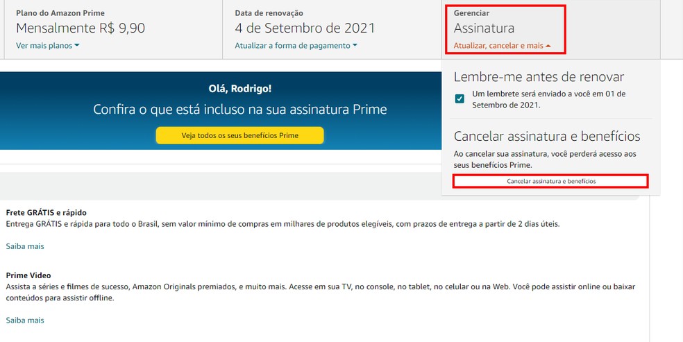 Site da Amazon permite cancelar assinatura do pacote Prime — Foto: Reprodução/Rodrigo Fernandes