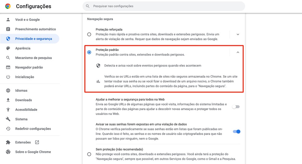 É possível habilitar a proteção padrão do Chrome no menu de Privacidade e Segurança — Foto: Reprodução/Ana Letícia Loubak