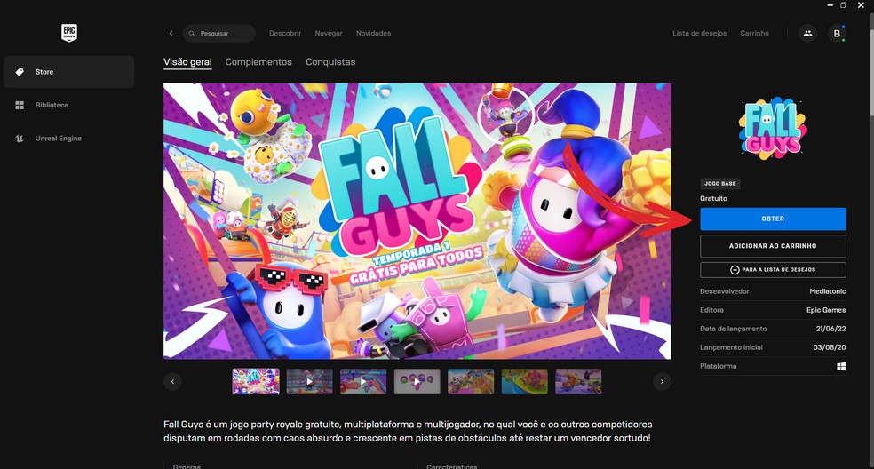 Na Epic Games Store, Fall Guys já está listado gratuitamente para download — Foto: Reprodução/Bruno Magalhães