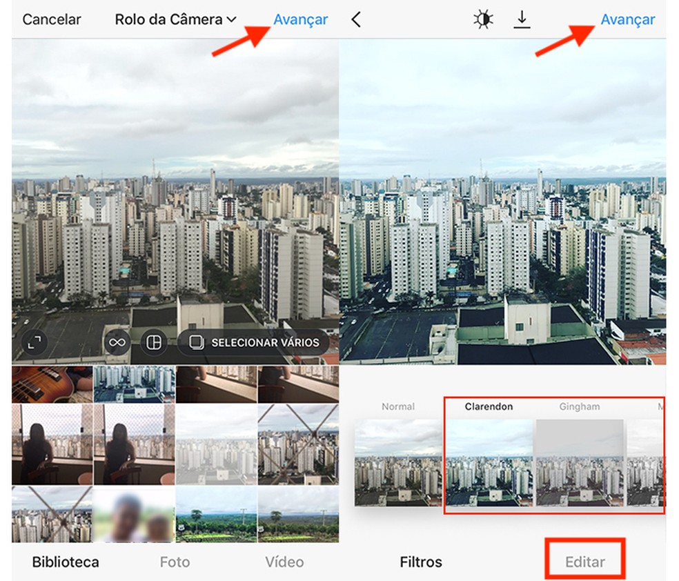 Opção para adicionar filtros em uma foto que será postada no Instagram — Foto: Reprodução/Marvin Costa