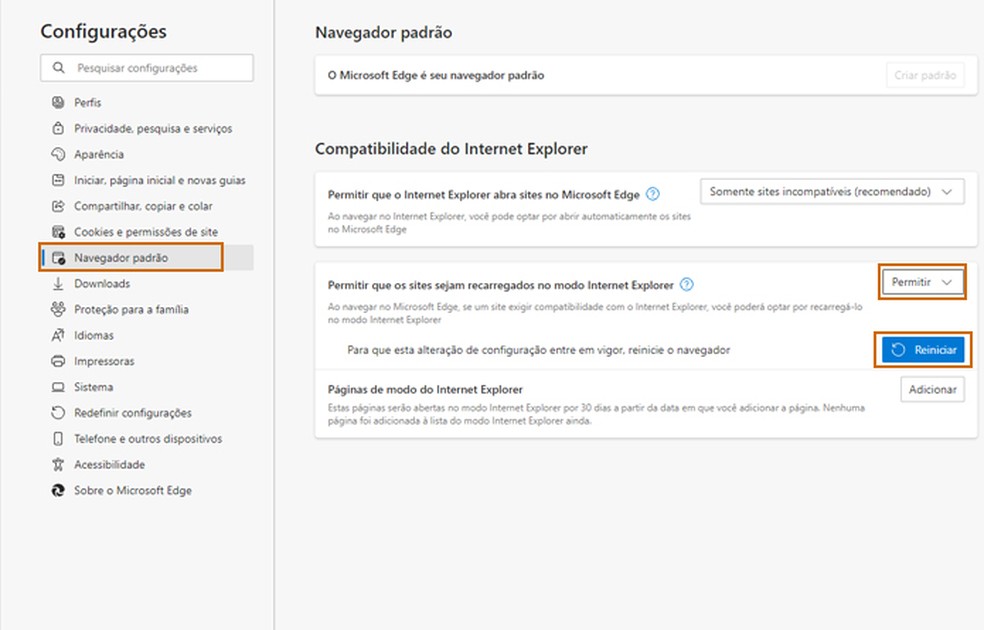 Permitindo a abertura de sites com compatibilidade do Internet Explorer no Microsoft Edge — Foto: Reprodução/Barbara Mannara