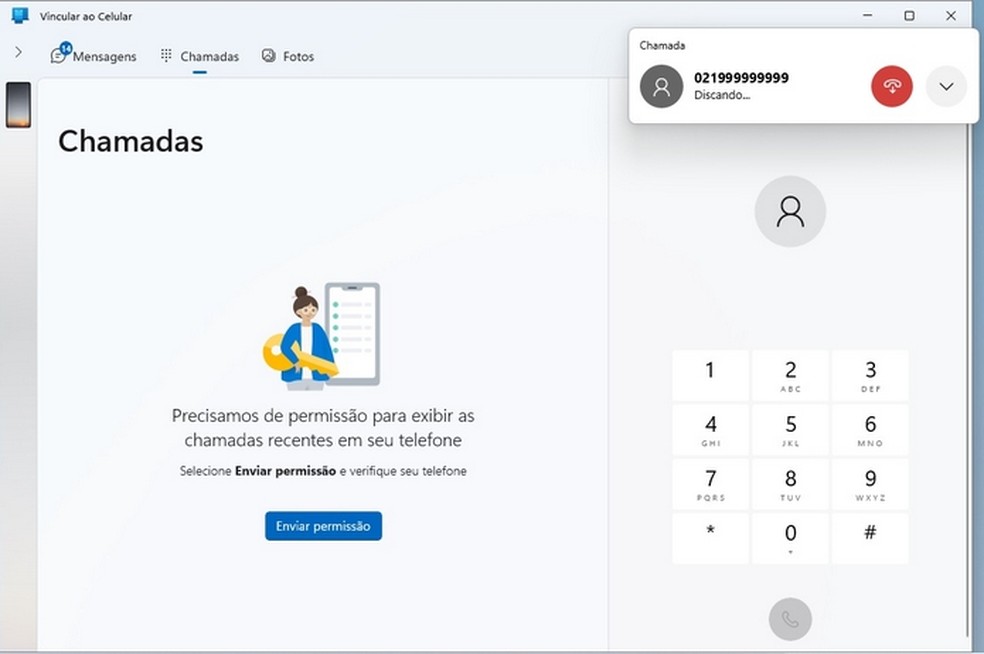 Discagem de número telefônico no PC com Windows usando conexão com celular Android  — Foto: Reprodução/Raquel Freire