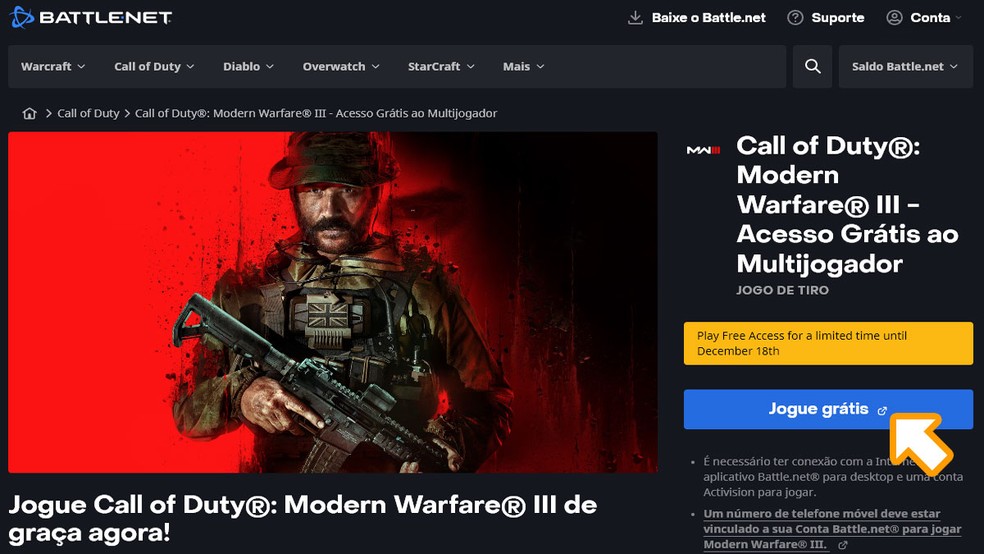 Na página do teste grátis de Call of Duty: Modern Warfare 3 na Battle.net clique em "Jogue grátis" para baixar o instalador do game — Foto: Reprodução/Rafael Monteiro