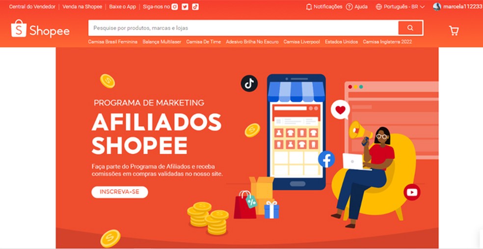 Afiliados Shopee é um programa que recompensa usuários que vendem produtos para a plataforma — Foto: Reprodução/Marcela Franco