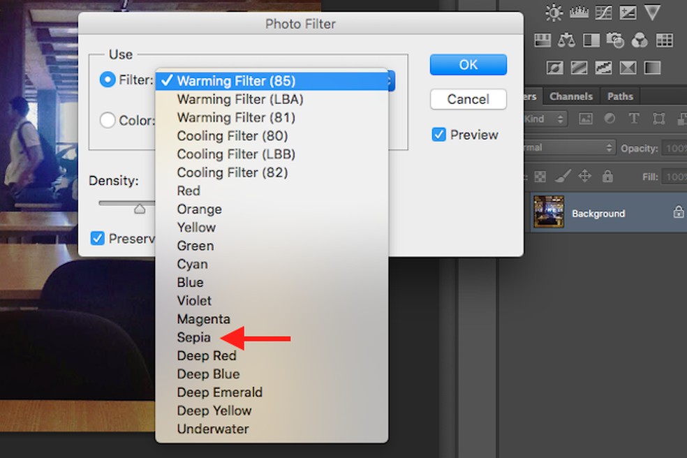 Ação para escolher um tipo de filtro de imagem para usar no Adobe Photoshop — Foto: Reprodução/Marvin Costa