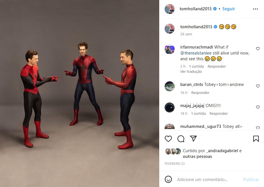 O nono lugar pertence a Tom Holland, recriando um meme famoso com outros intérpretes do Homem-Aranha — Foto: Reprodução/Instagram