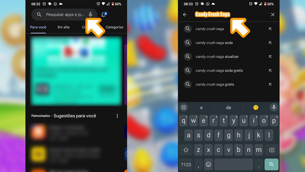 Na barra de buscas da loja procure por Candy Crush Saga — Foto: Reprodução/Rafael Monteiro