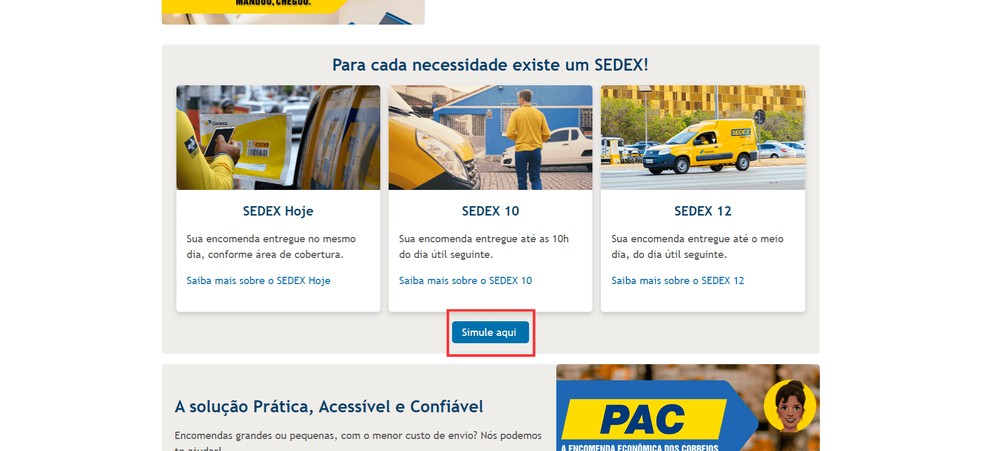 Clique no botão "Simule aqui" para calcular o frete no site dos Correios — Foto: Reprodução/Bruno Guerra